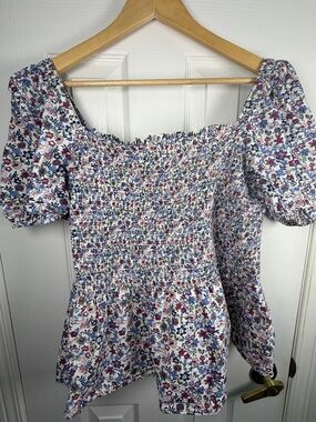 French Connection Floral Smocked Puff Sleeve Blouse White Blue Women's 1X
